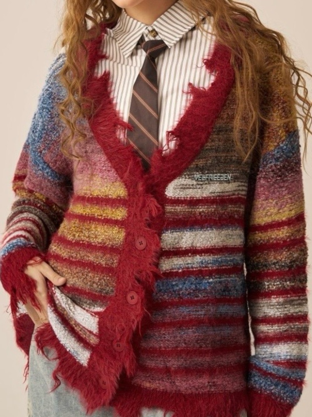 Elfric Eden Fuzzy Striped Cardigan Distressed Hem NWT XS Y2K Grunge
